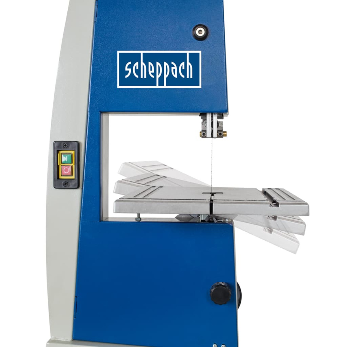 Een blauwe en grijze Scheppach lintzaag, met de merknaam zichtbaar. Witte achtergrond.