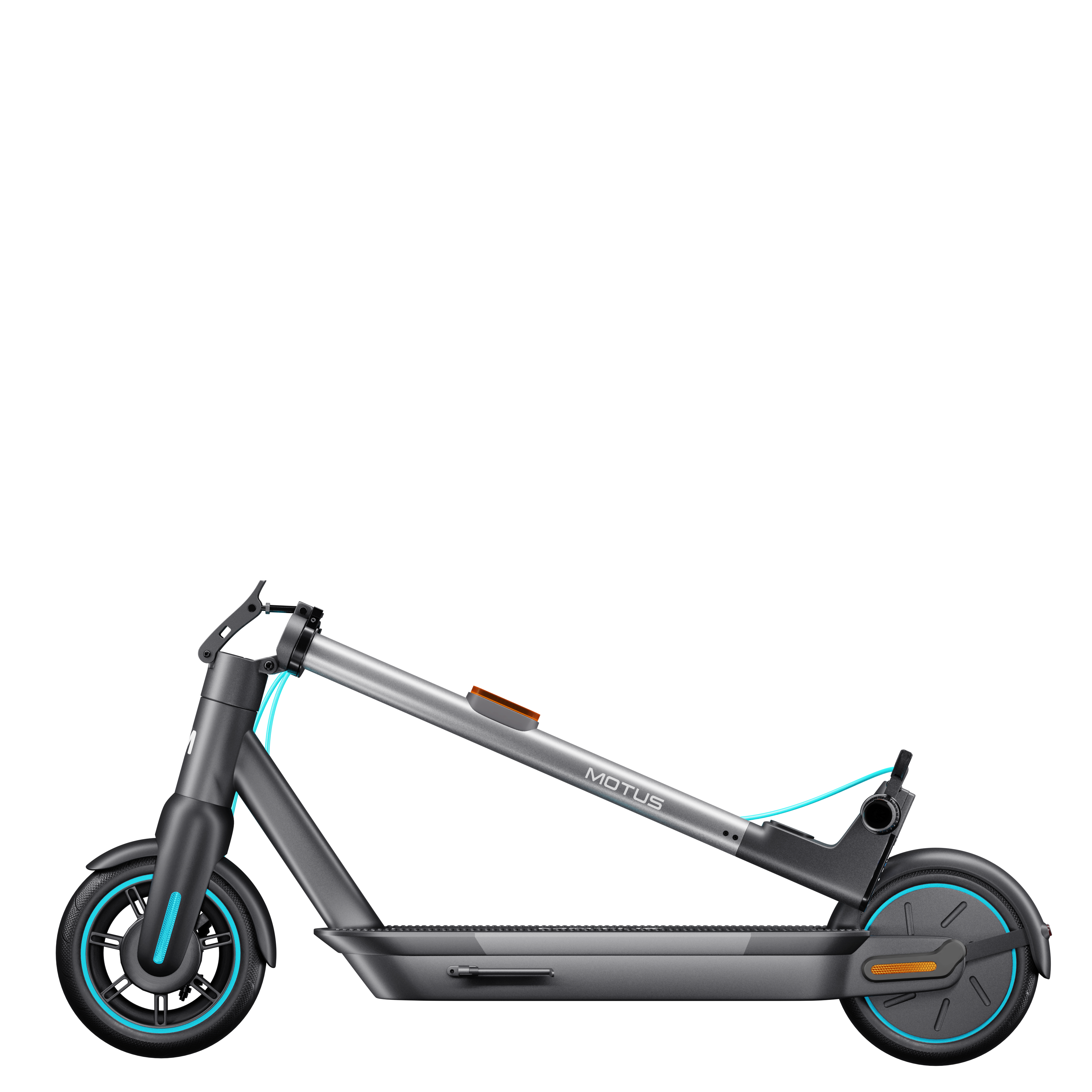Szary skuter na czarnym tle. Ma składaną konstrukcję, niebieski kabel i czarny błotnik.