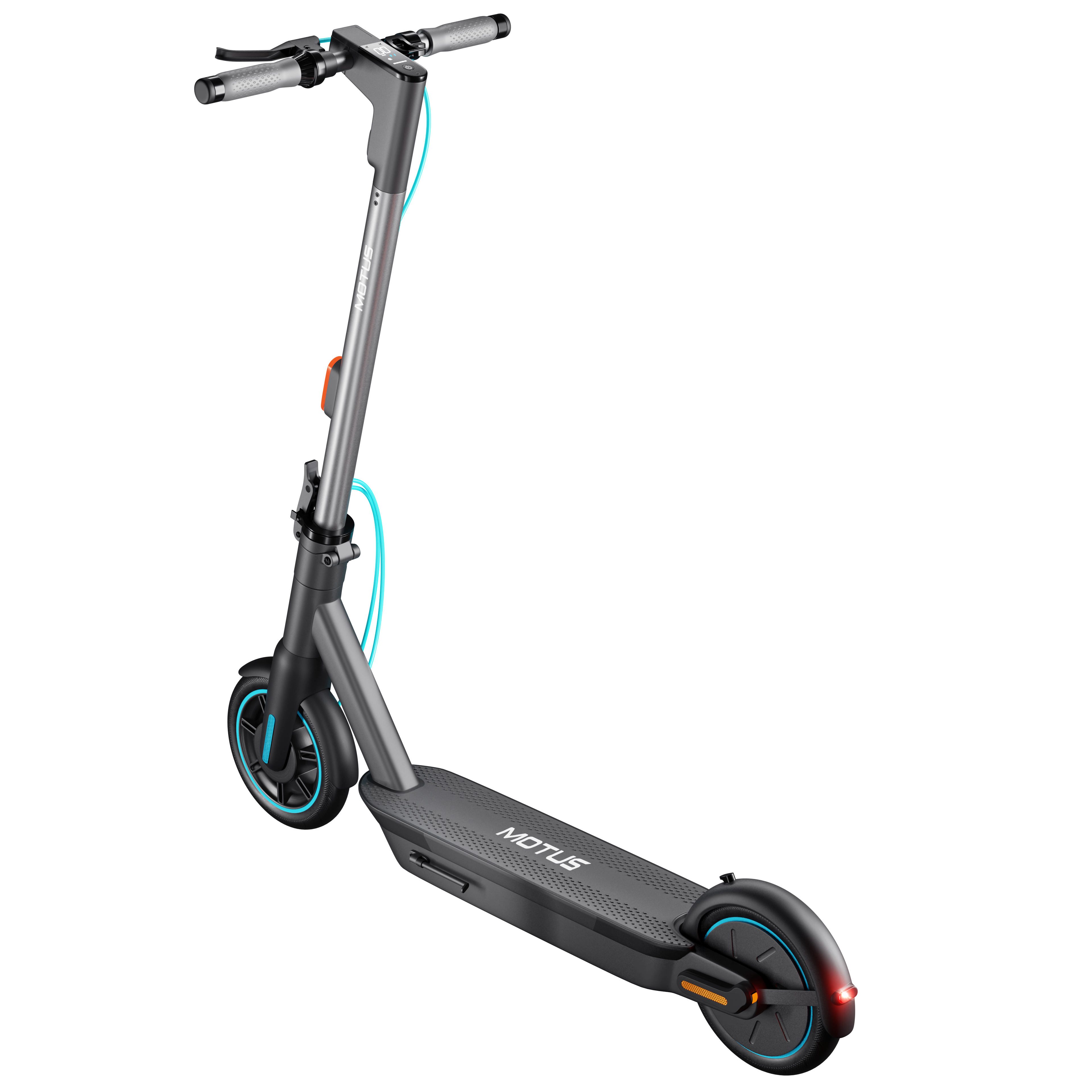 Szary skuter z napisem MOTUS, niebieskimi akcentami i czarnym tłem.