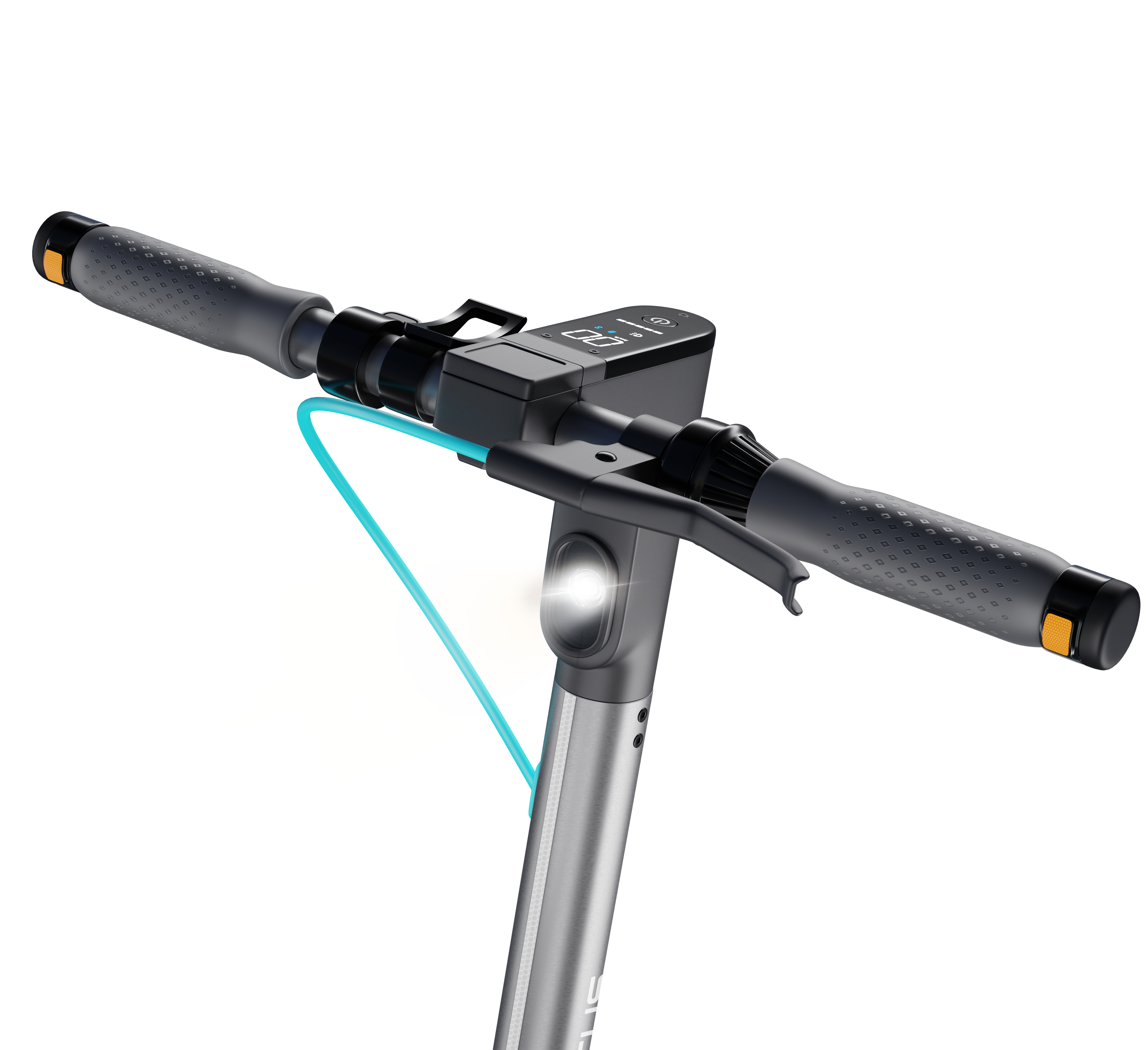 Kierownica skutera elektrycznego z wyświetlaczem, hamulcem i uchwytami. Srebrny wspornik z niebieskim kablem.