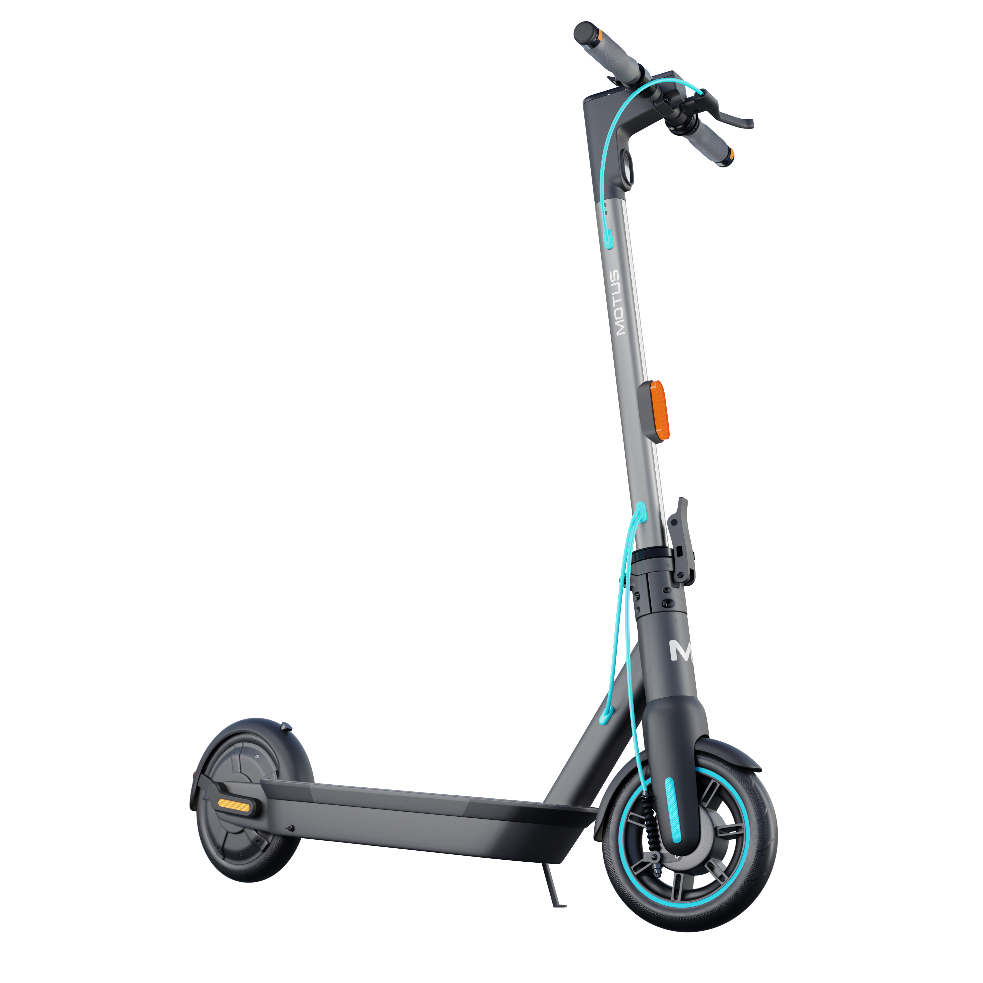 Szary skuter z niebieskimi kołami i akcentami, czarne tło. Skuter ma niebieski kabel.