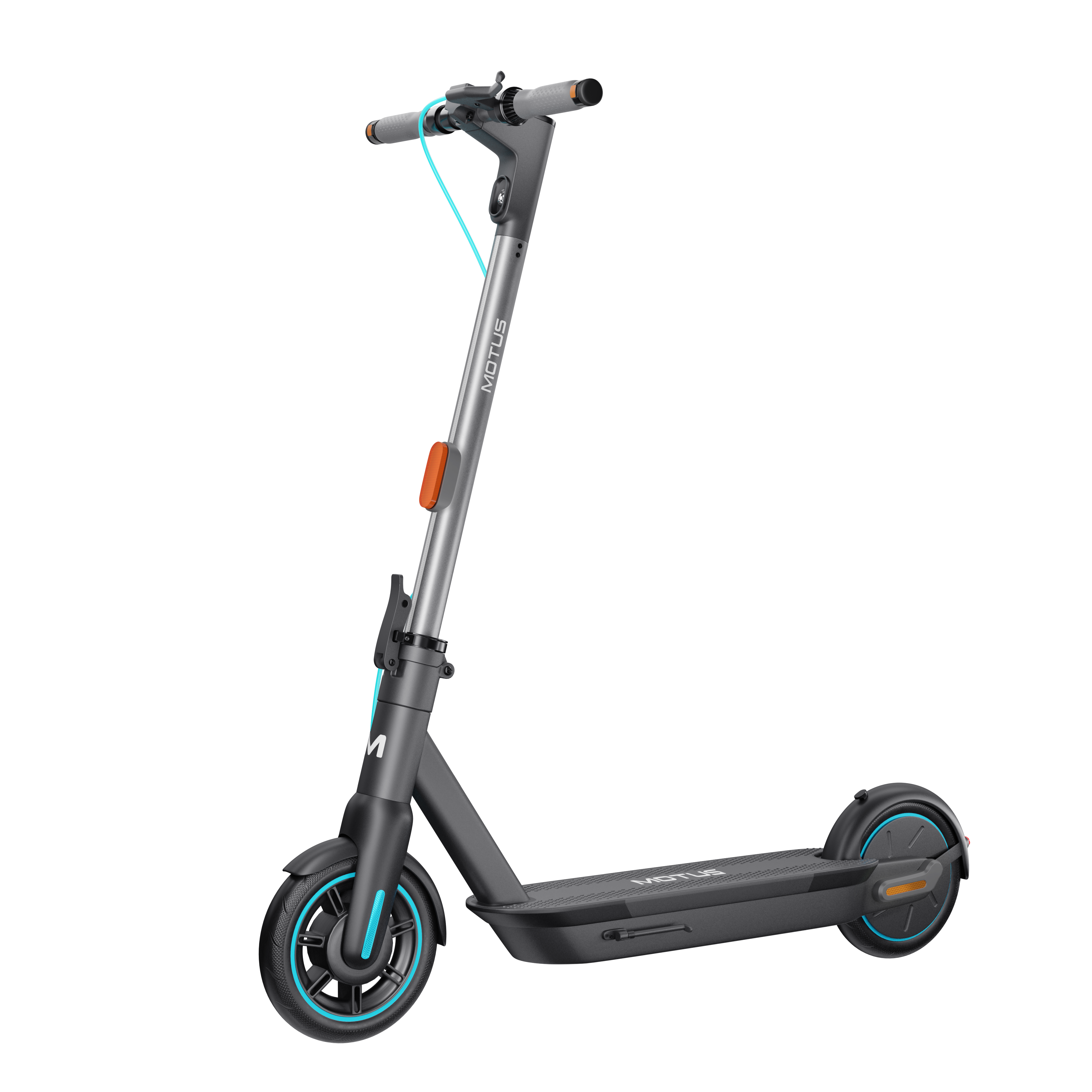 Szary skuter z napisem MOTUS, niebieskim kablem i niebieskimi akcentami na kołach, czarne tło.