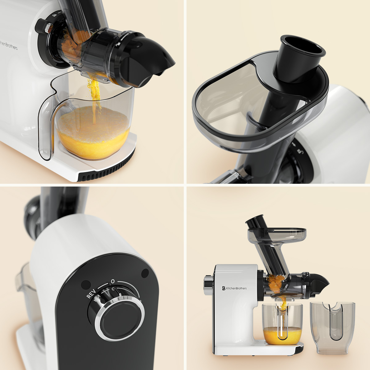 Juicer components, top view and bottom view. Orange juice is being extracted.