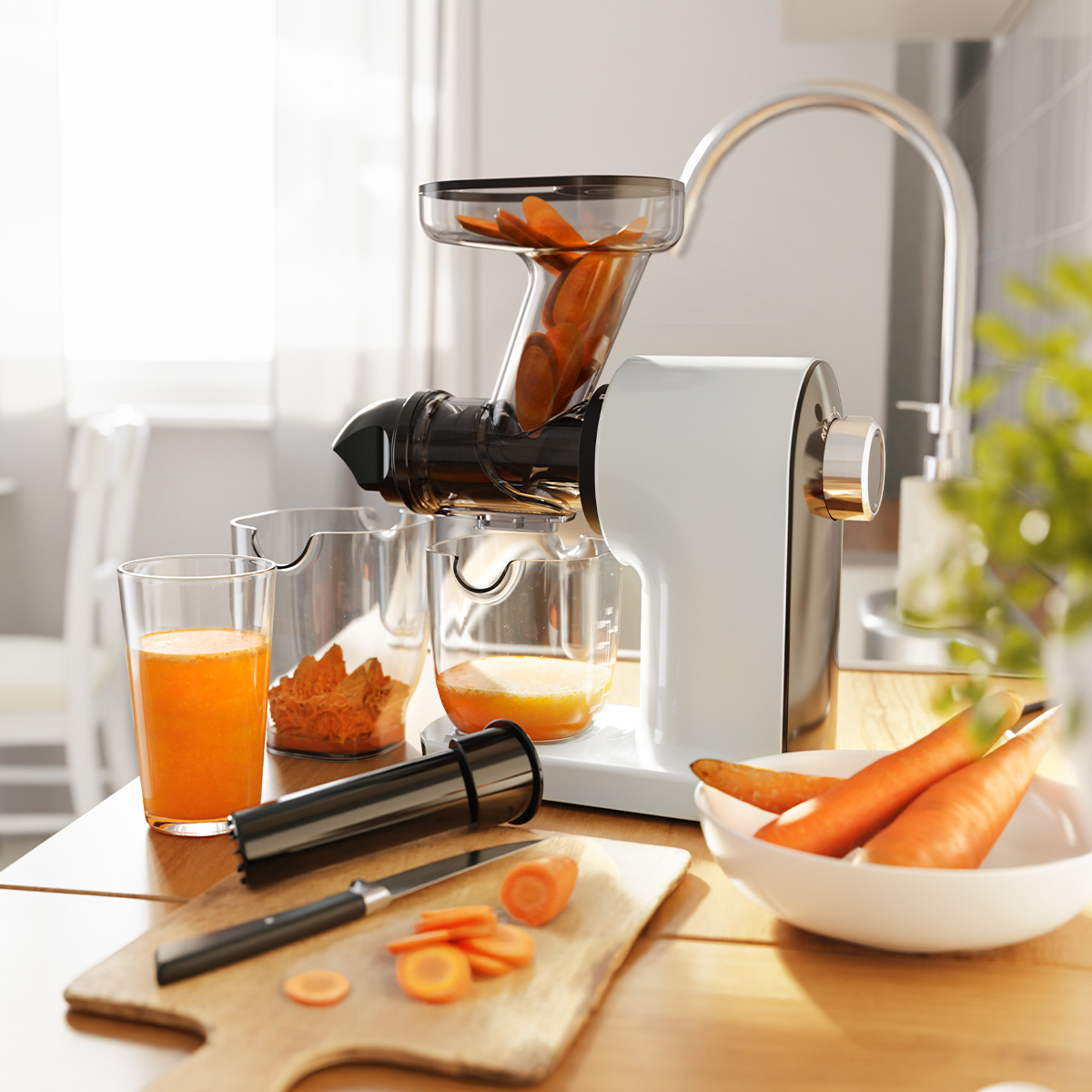 Juicer with orange juice, fruits and vegetables. The image includes a cutting board and knife.