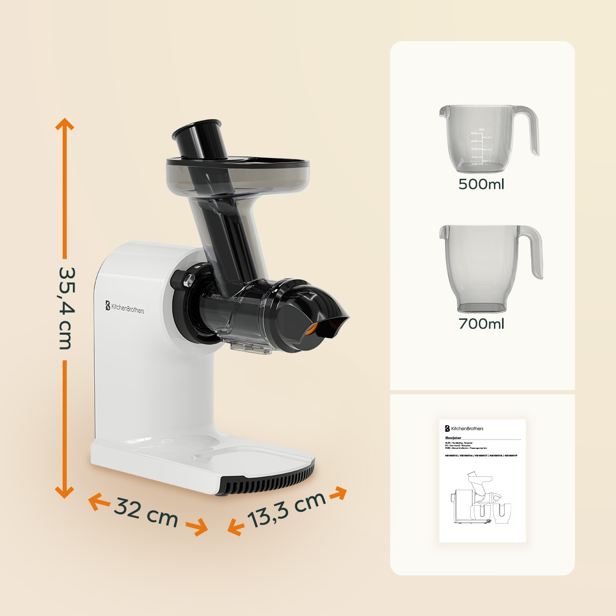 White juicer machine with measuring cups and paper. Light background with dimensions.