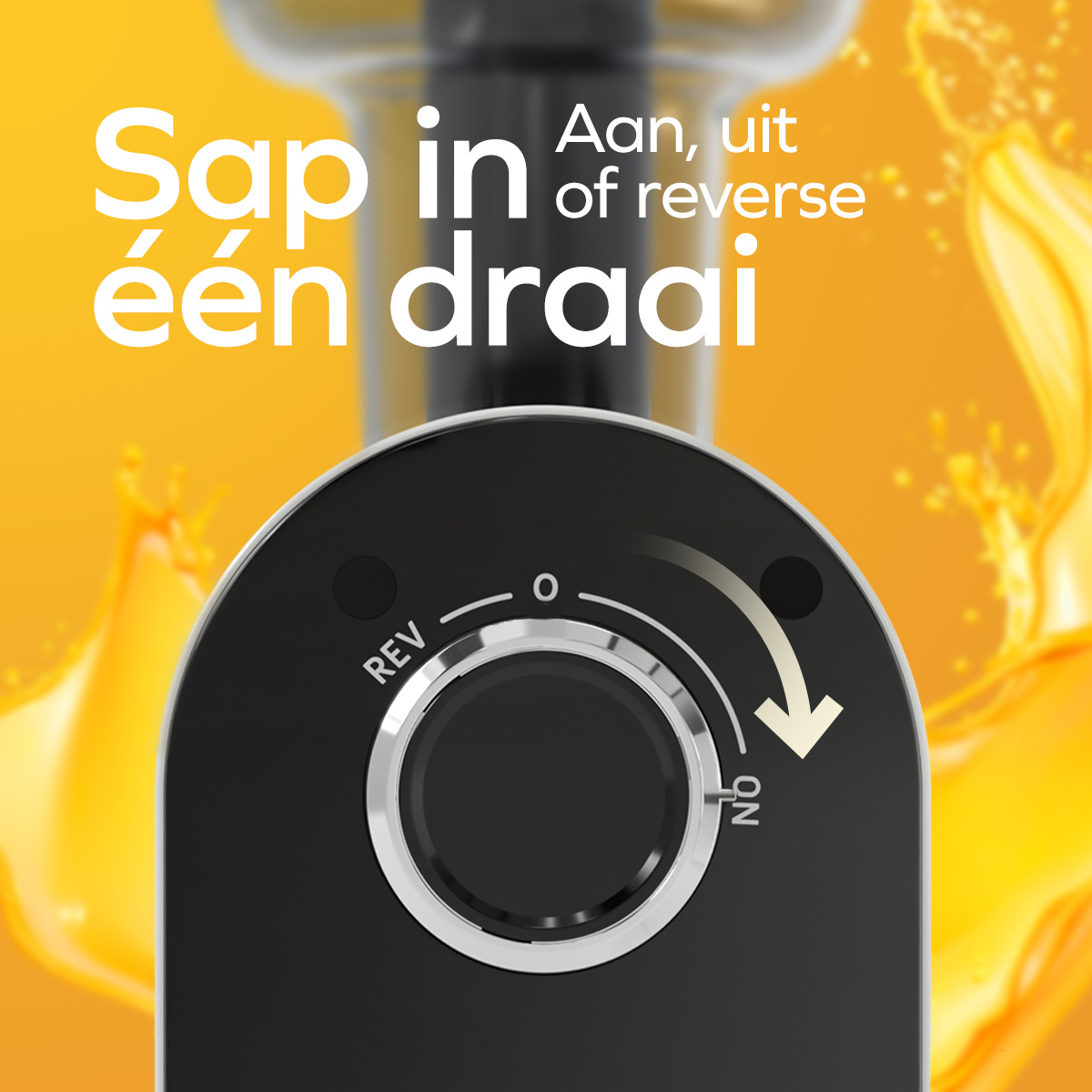 Close-up of juicer control knob. Text in Dutch. Orange juice in the background.