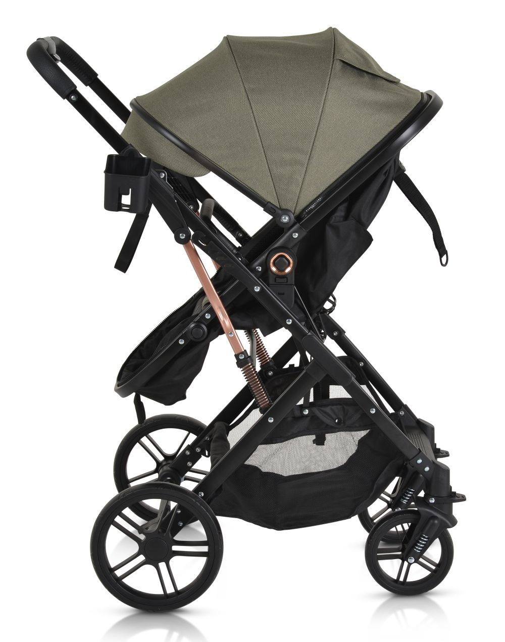 Seitenansicht eines schwarzen Baby-Kinderwagens mit grünem Verdeck und Becherhalter auf weißem Hintergrund.