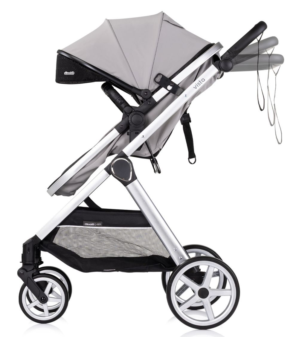 Grauer Kinderwagen, Seitenansicht, mit verstellbarem Griff, grauem Verdeck, schwarzem Rahmen.
