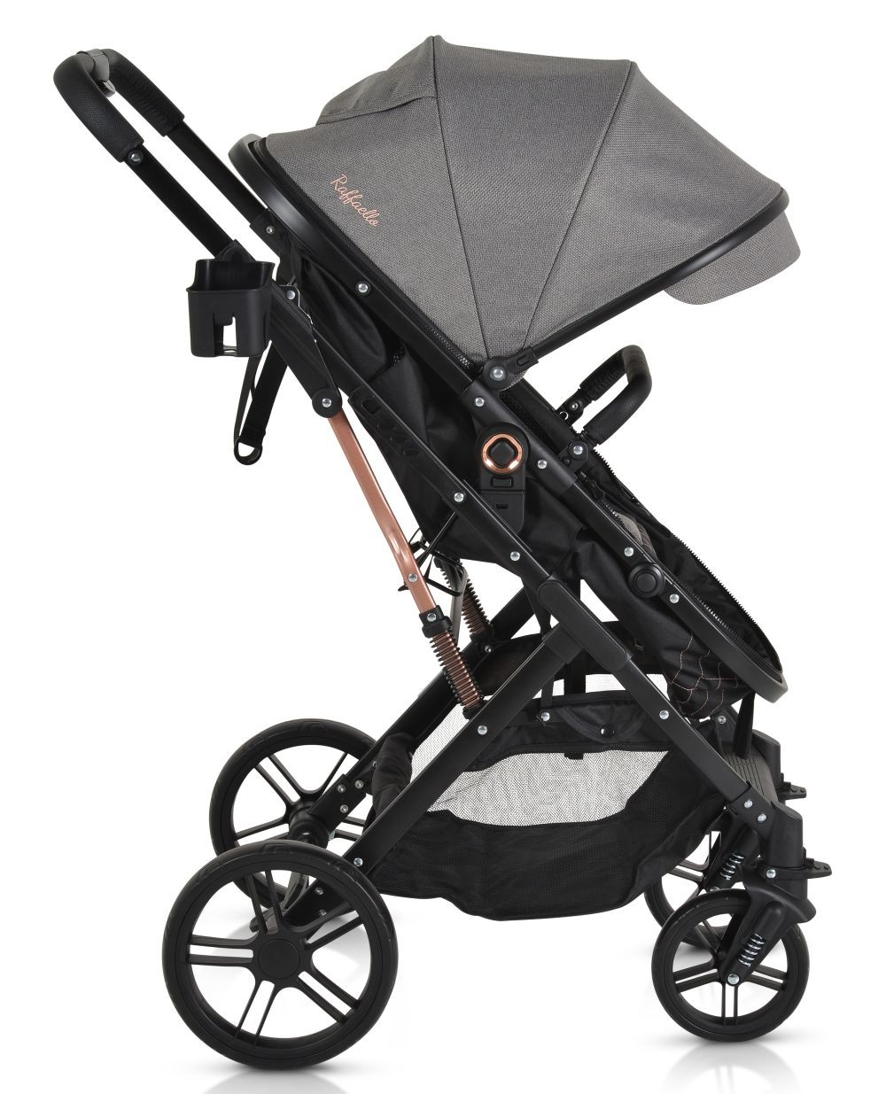 Grauer Kinderwagen auf weißem Hintergrund, schwarzer Rahmen, graues Verdeck und roségoldene Details.