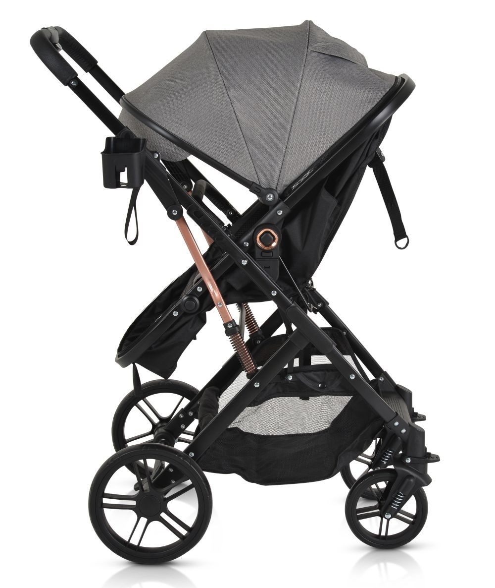 Grauer Kinderwagen mit Roségold-Akzenten, Seitenansicht, graues Verdeck, schwarzer Rahmen, Räder.