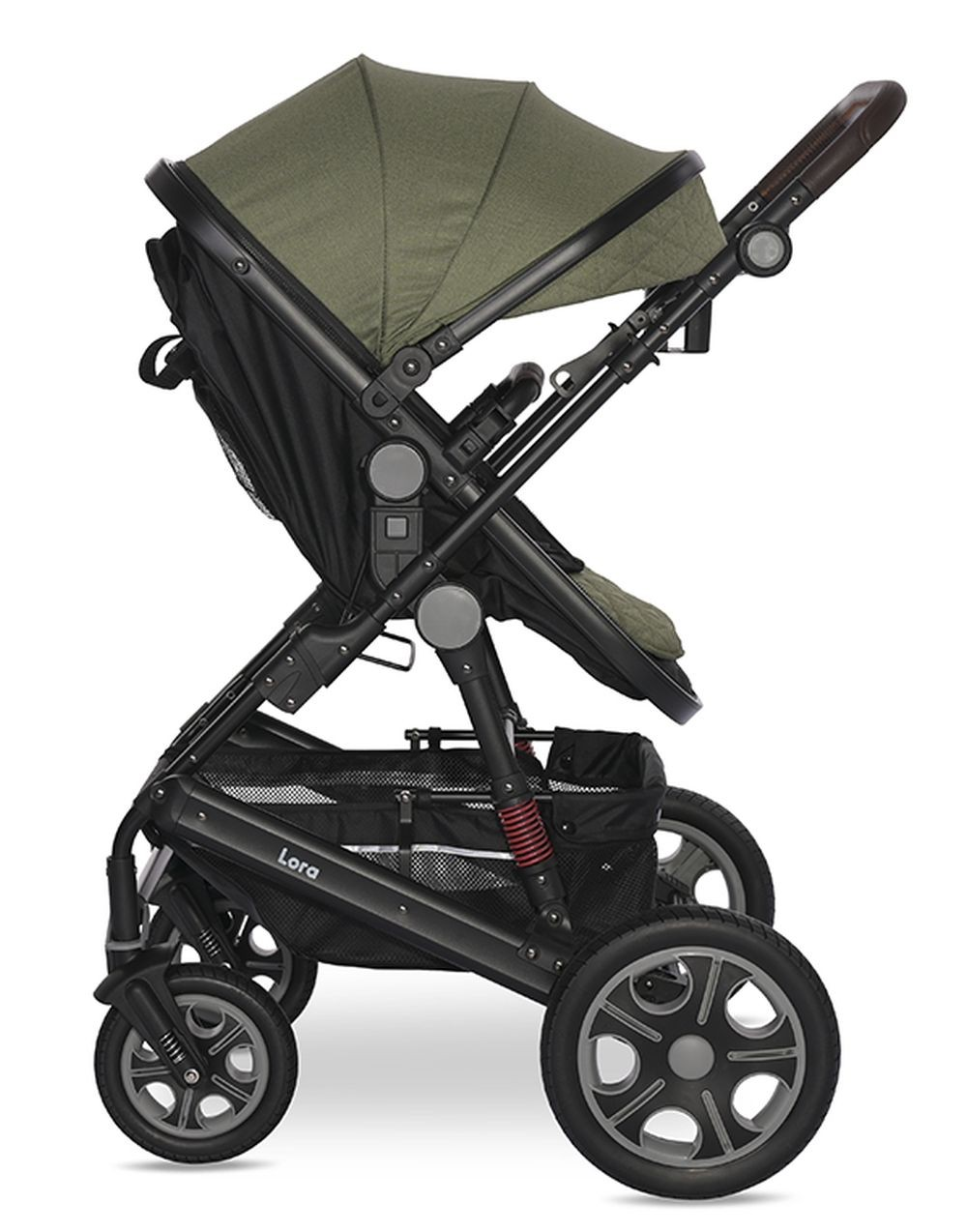 Ein olivgrüner Kinderwagen mit schwarzem Rahmen und grauen Rädern. Er hat einen Ablagekorb.