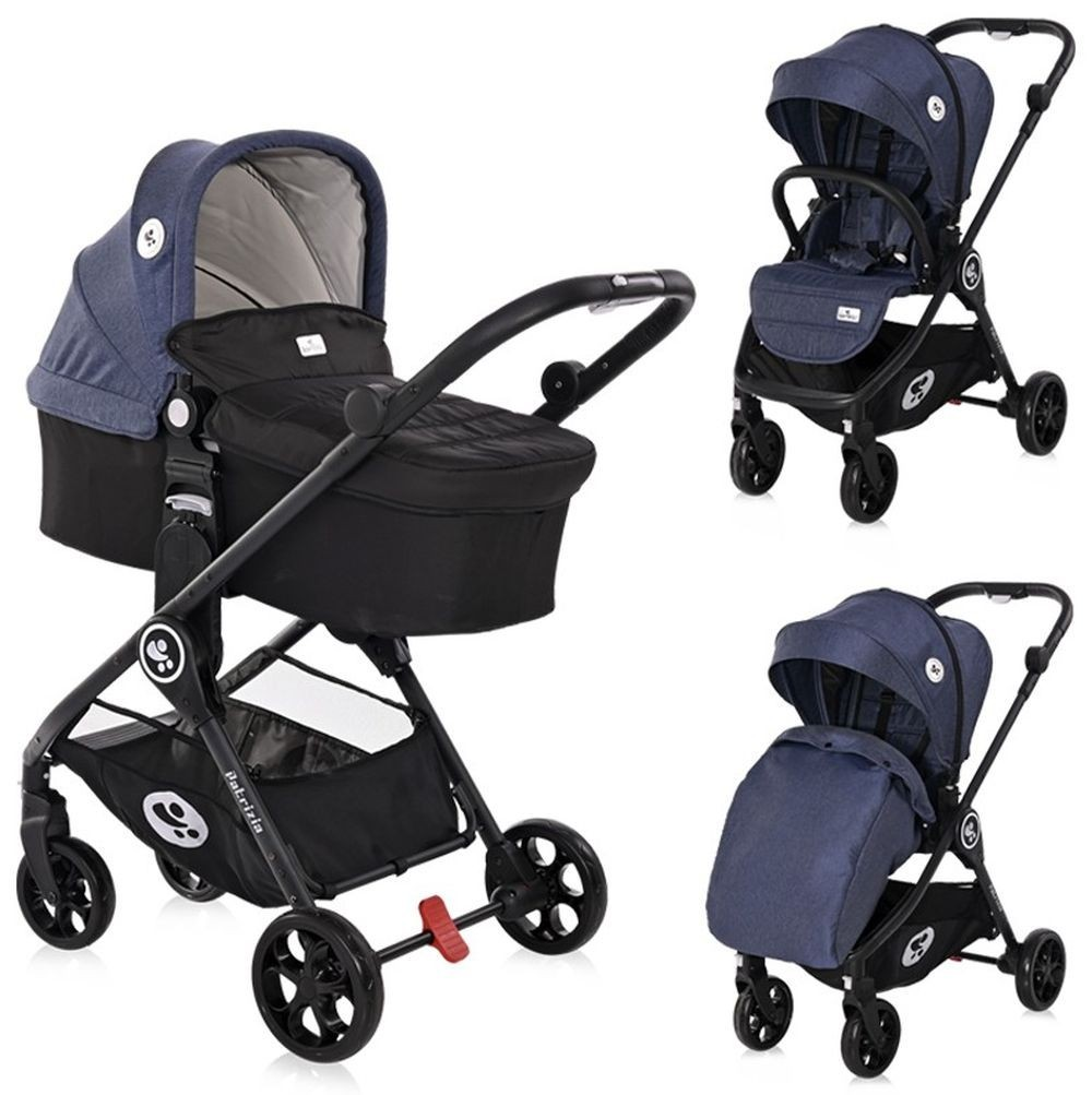 Ein blauer Kinderwagen mit schwarzem Rahmen. Er hat ein blaues Verdeck und Sitz. In mehreren Ansichten gezeigt.