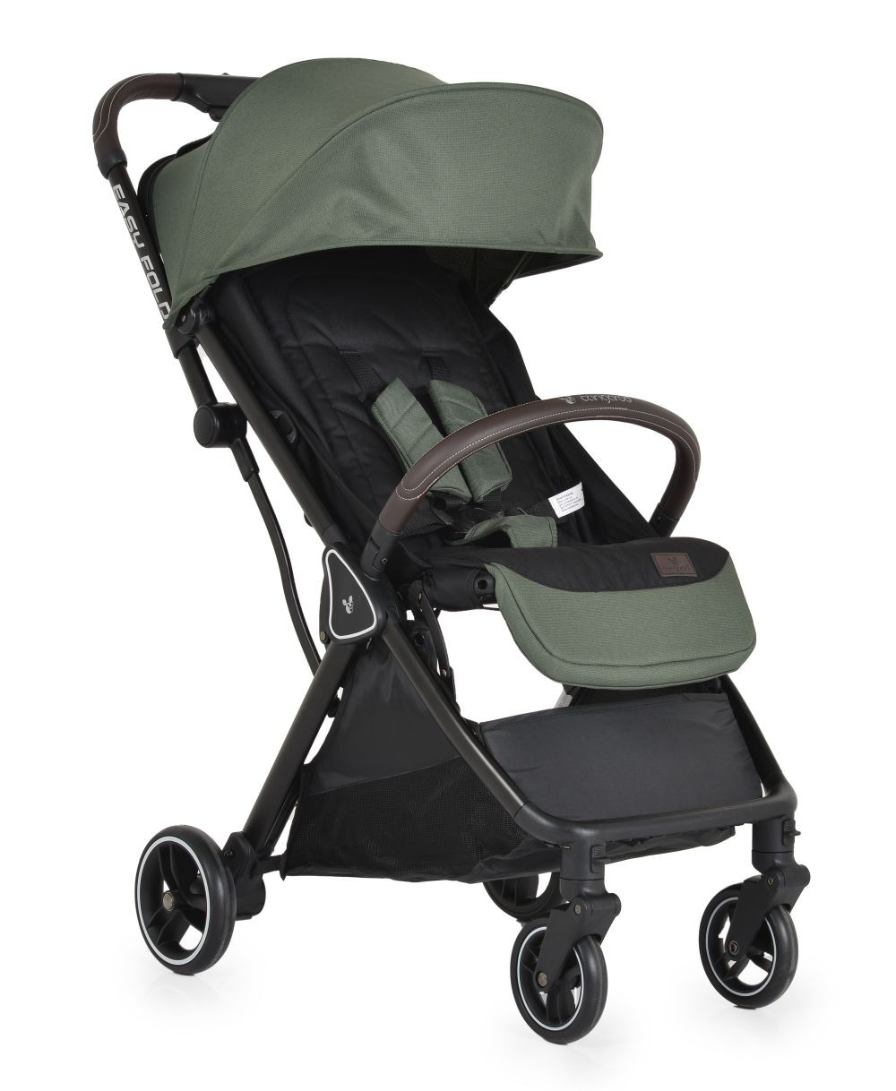 Grüner Kinderwagen mit schwarzem Rahmen und Verdeck. Seitenansicht mit Easy Fold.
