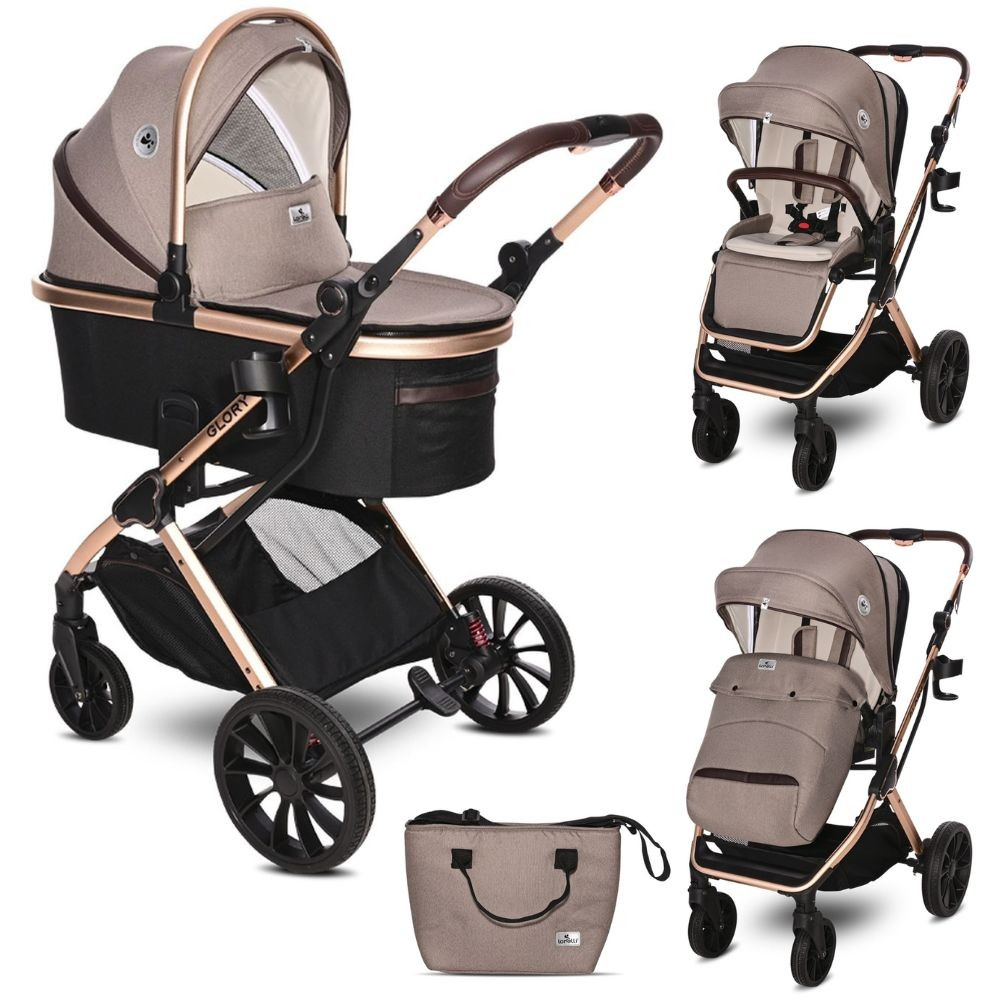 Cochecito beige y negro con múltiples vistas y una bolsa a juego.