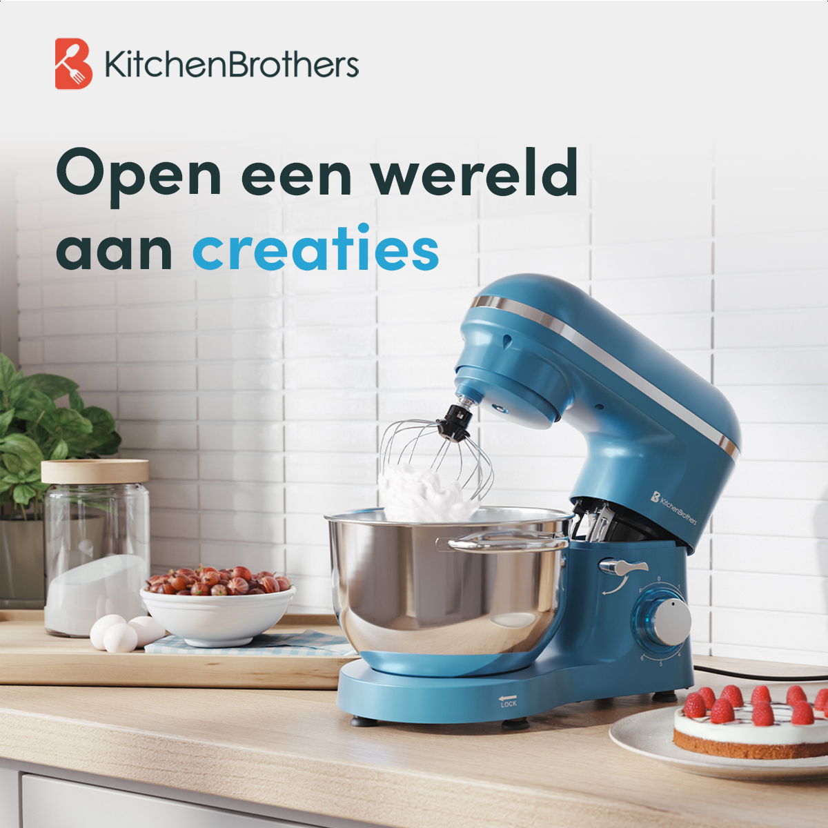Blauwe keukenmachine met witte ingrediënten en een advertentie voor het product.