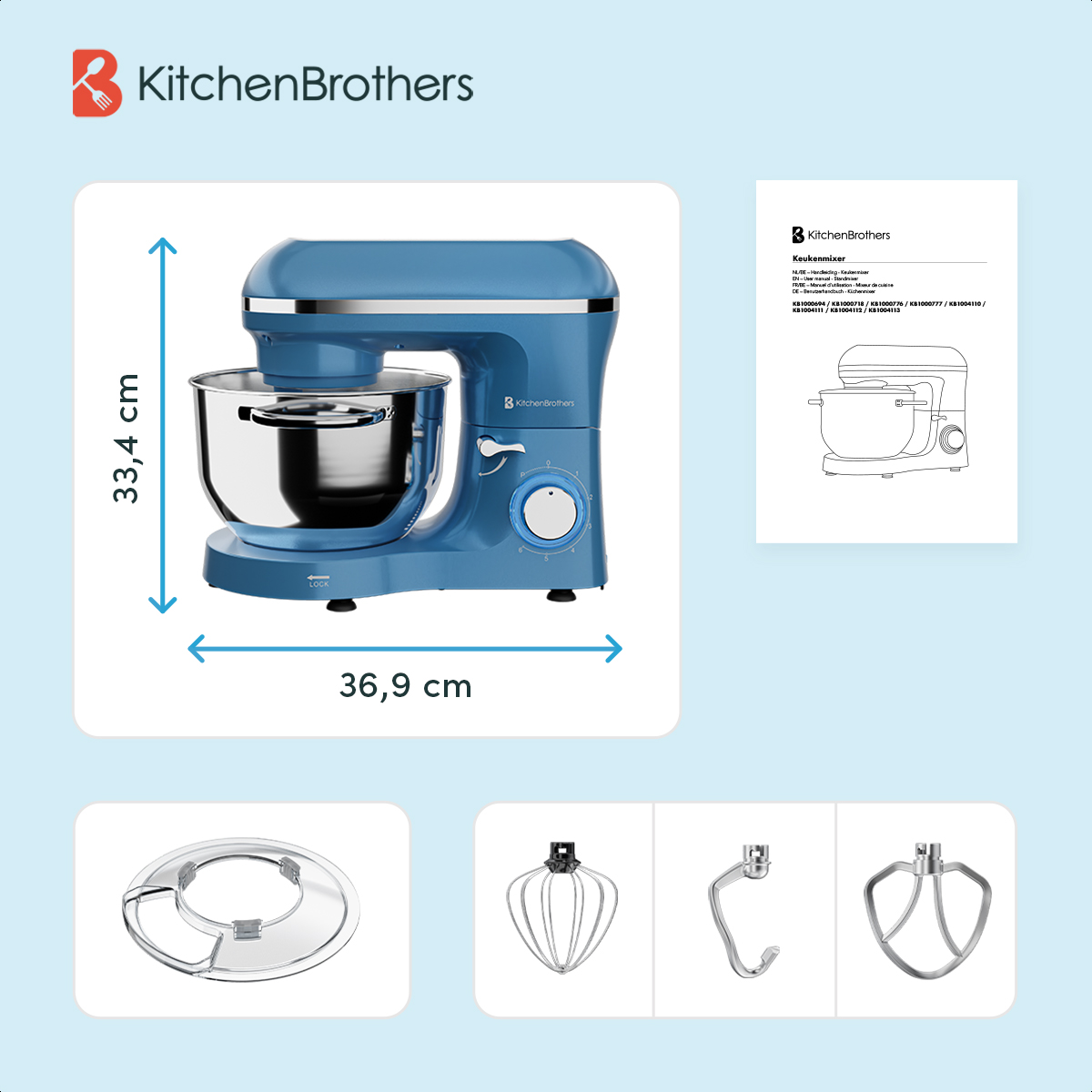 Blauwe keukenmachine met afmetingen, accessoires en een productdiagram.