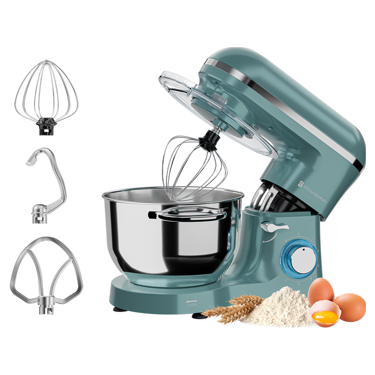 Een turquoise keukenmixer met opzetstukken en ingrediënten zoals bloem, eieren en tarwe, weergegeven op een wit oppervlak.