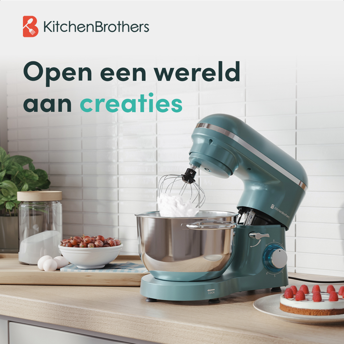 Keukenmixer met ingrediënten en tekst 'Open een wereld aan creaties'.
