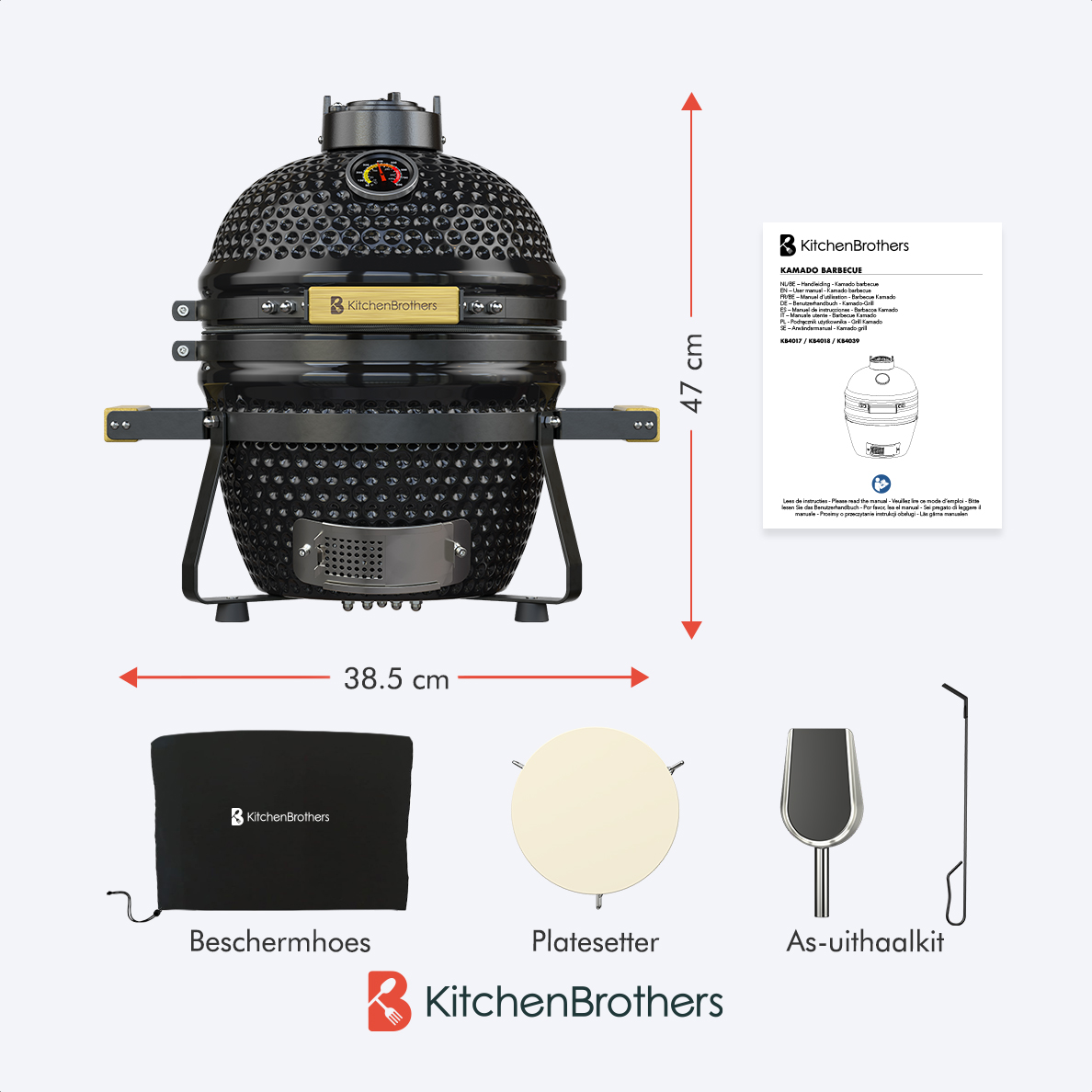 Zwarte Kamado BBQ grill, accessoires: hoes, plaat, asgereedschap. Afmetingen: 47cm hoogte, 38,5cm breedte.