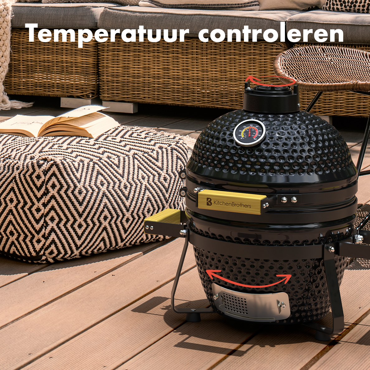 Kamado grill op een houten terras met tekst Temperatuurregeling.