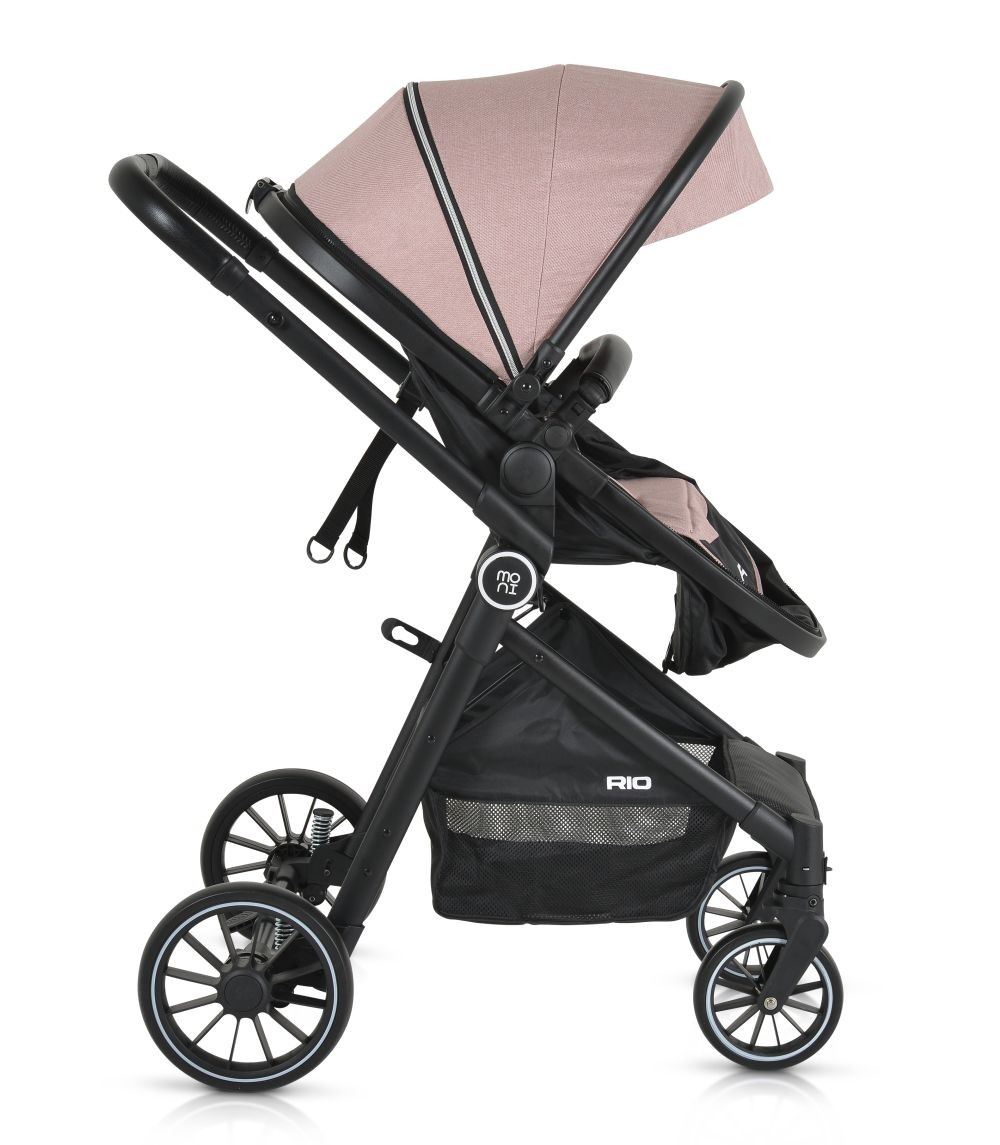Pinker Kinderwagen mit schwarzem Rahmen, Seitenansicht, weißer Hintergrund.