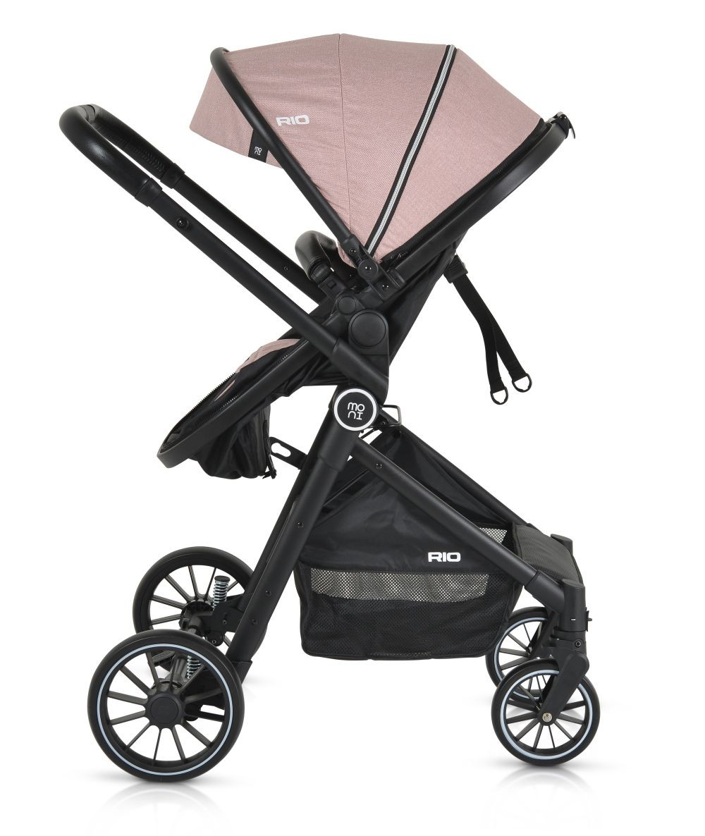 Pinker Kinderwagen mit schwarzem Rahmen, Seitenansicht, weißer Hintergrund.