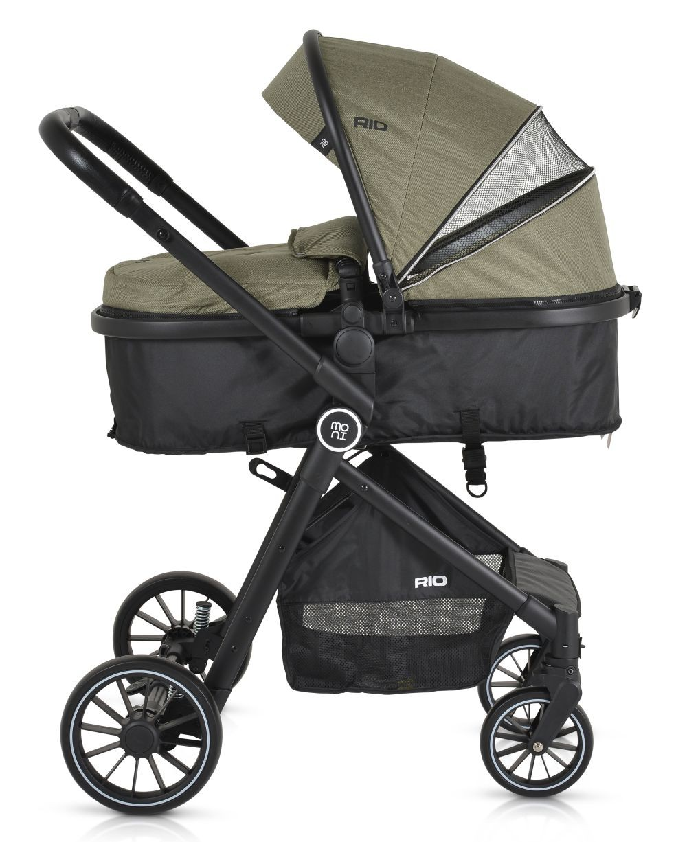 Kinderwagen mit olivgrünem Verdeck, schwarzem Rahmen und Korb; Seitenansicht.