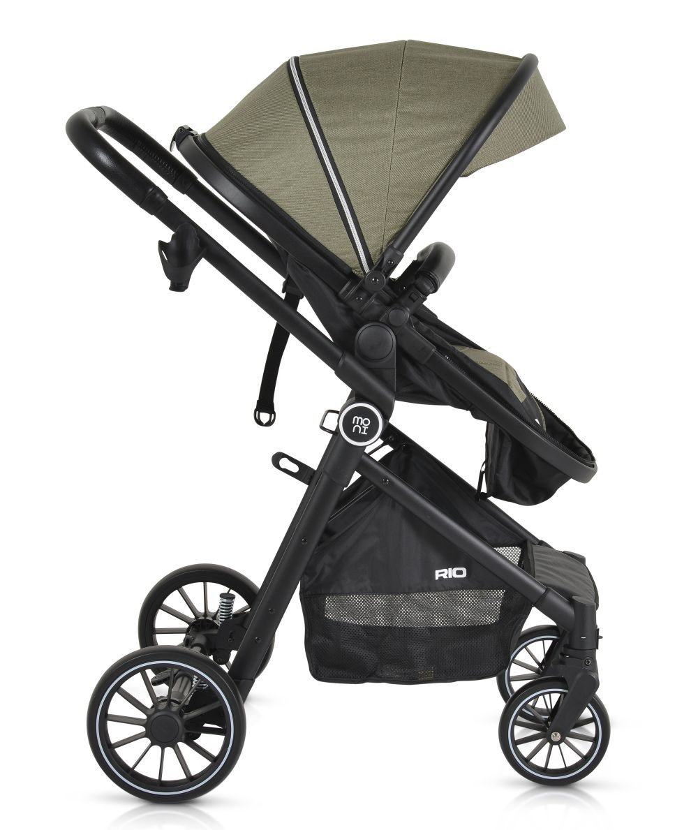 Kinderwagen mit olivgrünem Verdeck, schwarzem Rahmen und Korb; Seitenansicht.