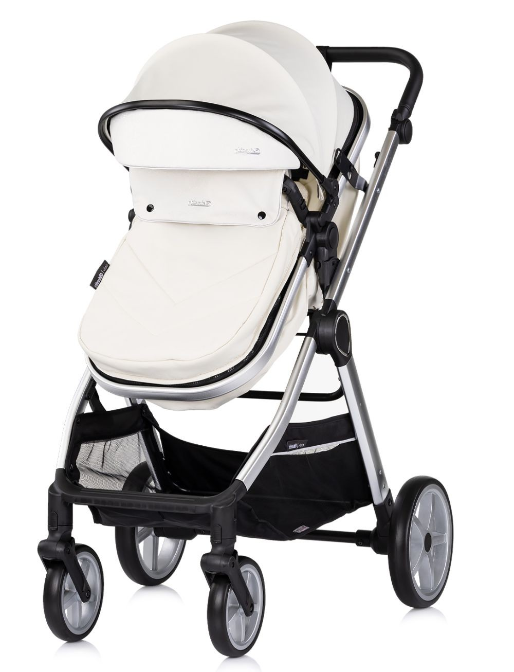Elfenbeinfarbener Kinderwagen mit weißem Verdeck, schwarzem Rahmen und Korb.