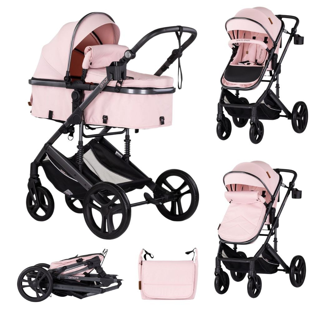 Rosa Kinderwagen-Set mit schwarzem Rahmen und Rädern. Enthält eine Babywanne und mehrere Ansichten. Weißer Hintergrund.