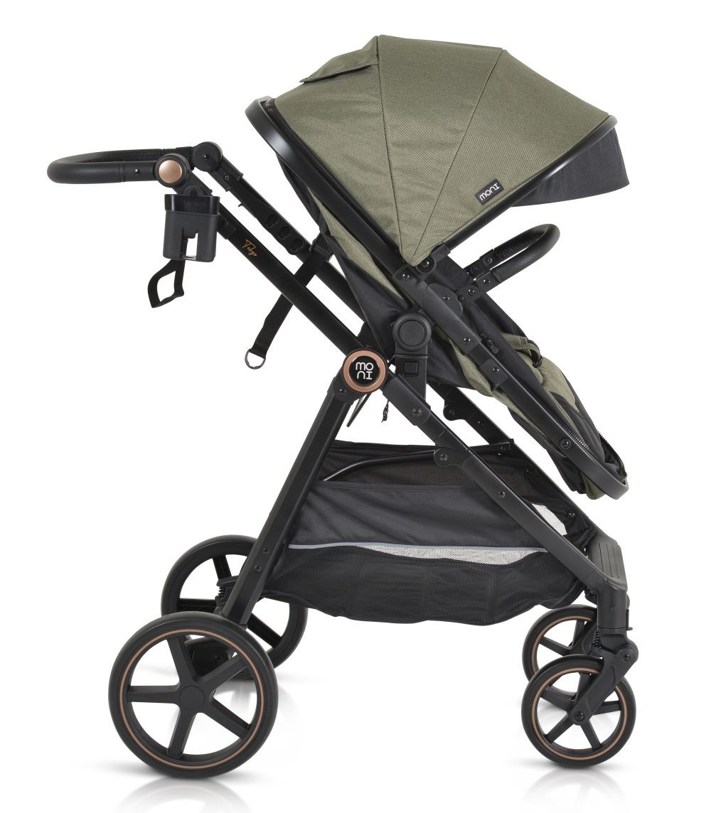 Olivgrüner Kinderwagen mit schwarzem Rahmen, Seitenansicht.