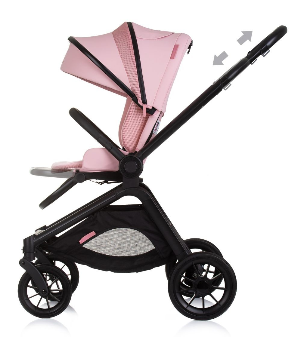 Pinker Kinderwagen mit schwarzem Rahmen und Rädern. Auf weißem Hintergrund isoliert.