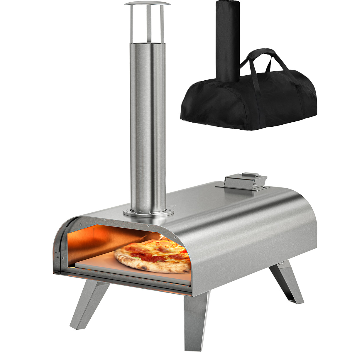 Pizza-oven met pizza erin en een zwarte tas op een witte achtergrond.