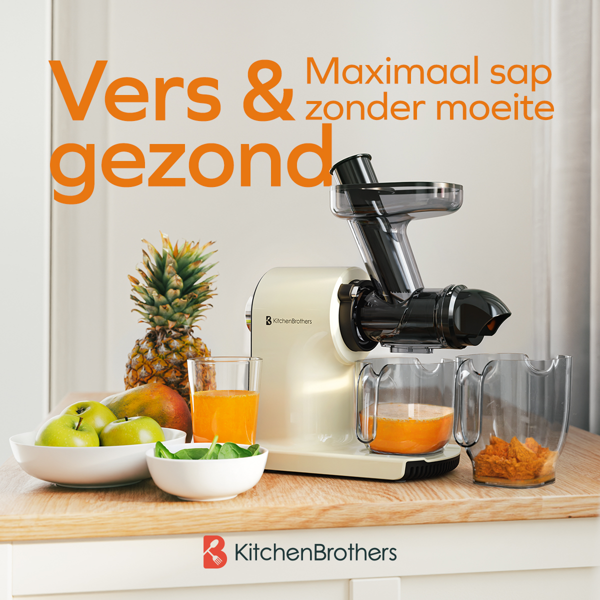 Cream juicer with fruit, juice, and a pineapple on a wood surface.