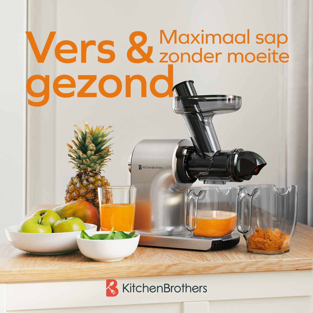 Silver juicer with fruit, juice, and a pineapple on a wood surface.