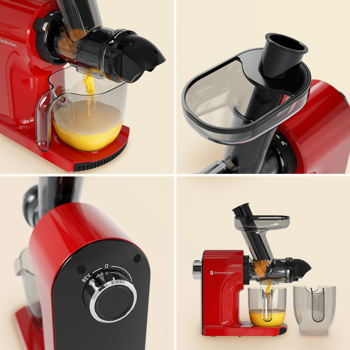Red juicer with juice containers, and various views of the juicer.