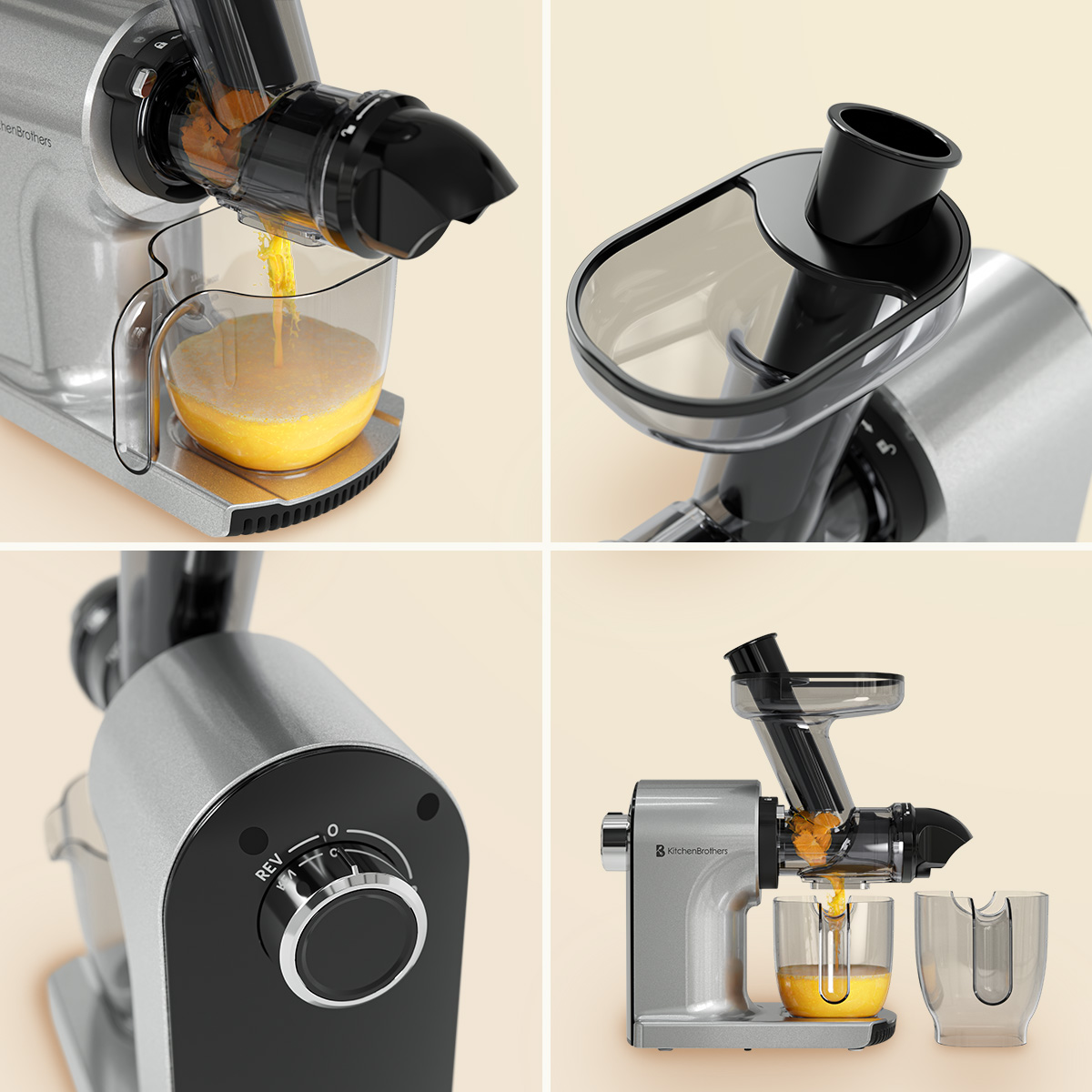 Multiple views of a juicer. Shows juicing process and the juicer's control dial. 