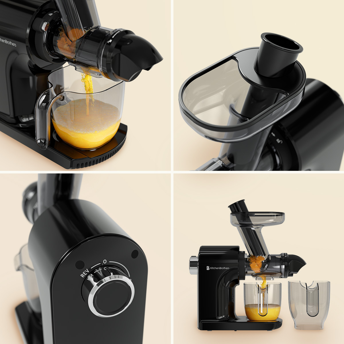 Black juicer with juice containers, and various views of the juicer.