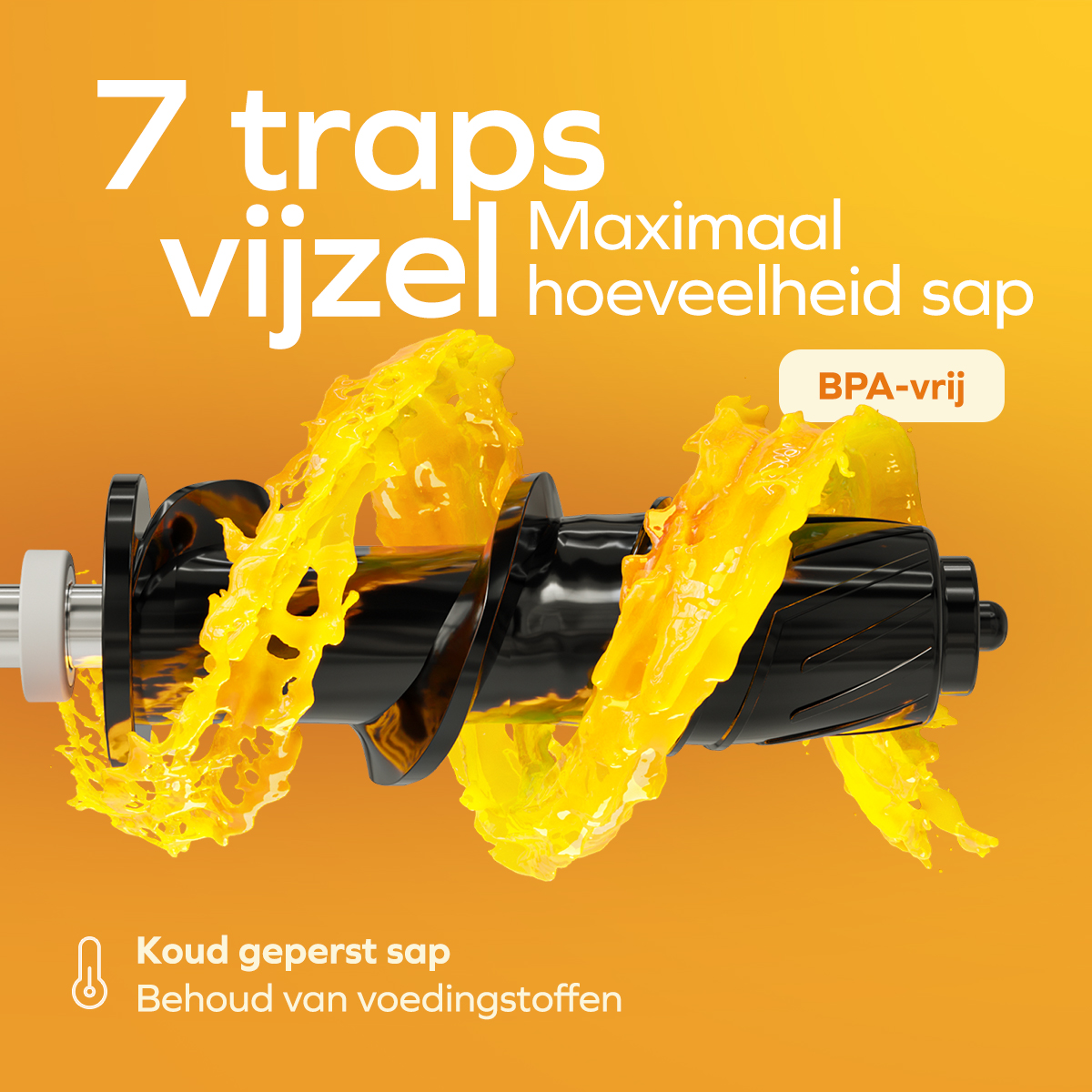 Close-up van de sapcentrifuge-schroef en sap. Tekst: 7 vallen, koud geperst en behoud van voedingsstoffen.