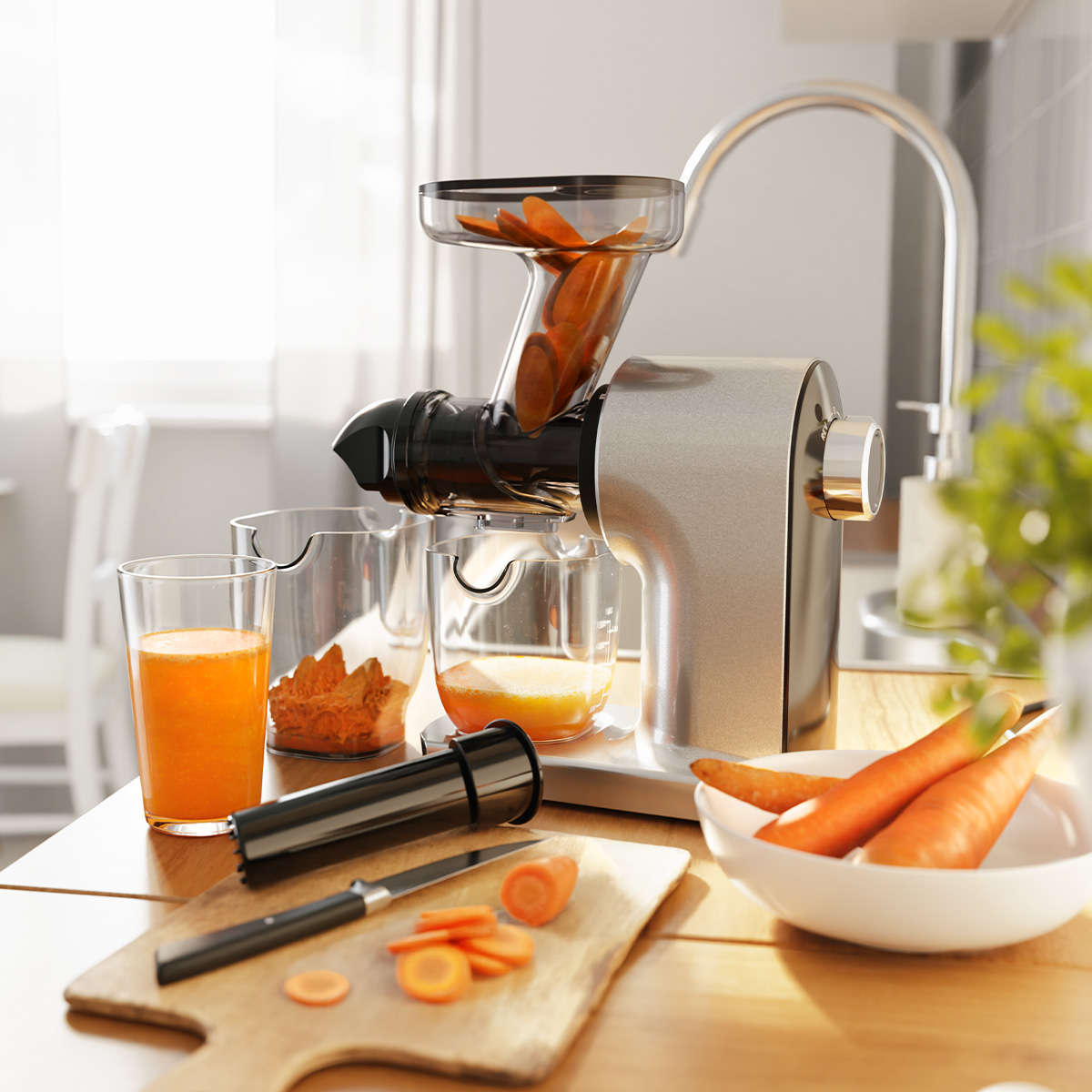 Juicer with carrots and juice. Carrots in the juicer and bowl. Kitchen setting.