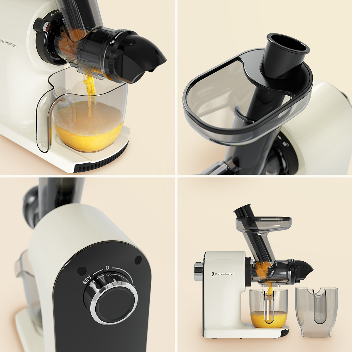 A white juicer with orange juice being extracted. Multiple views show different angles of the juicer.