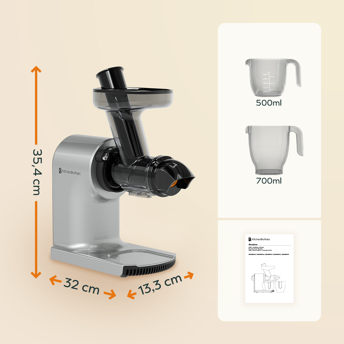 Silver juicer dimensions. 35.4cm high, 32cm wide, and 13.3cm deep. Pitchers and manual displayed.