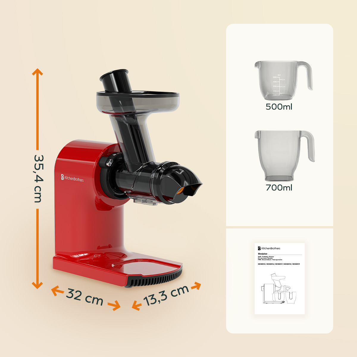 Red juicer dimensions. 35.4cm high, 32cm wide, and 13.3cm deep. Pitchers and manual displayed.
