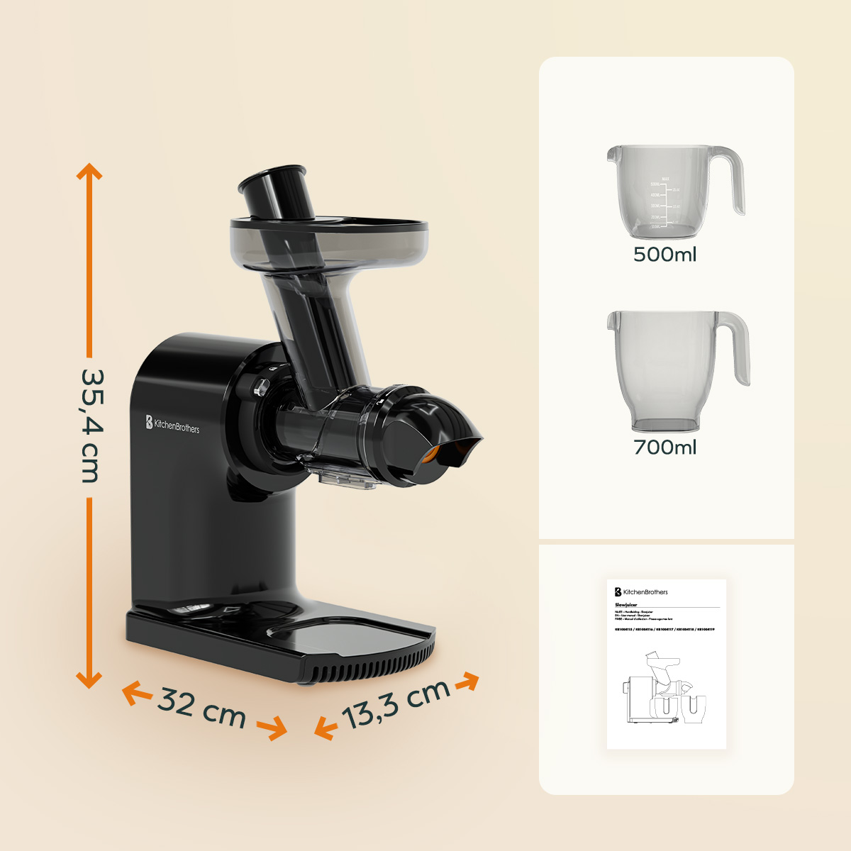 Black juicer dimensions. 35.4cm high, 32cm wide, and 13.3cm deep. Pitchers and manual displayed.