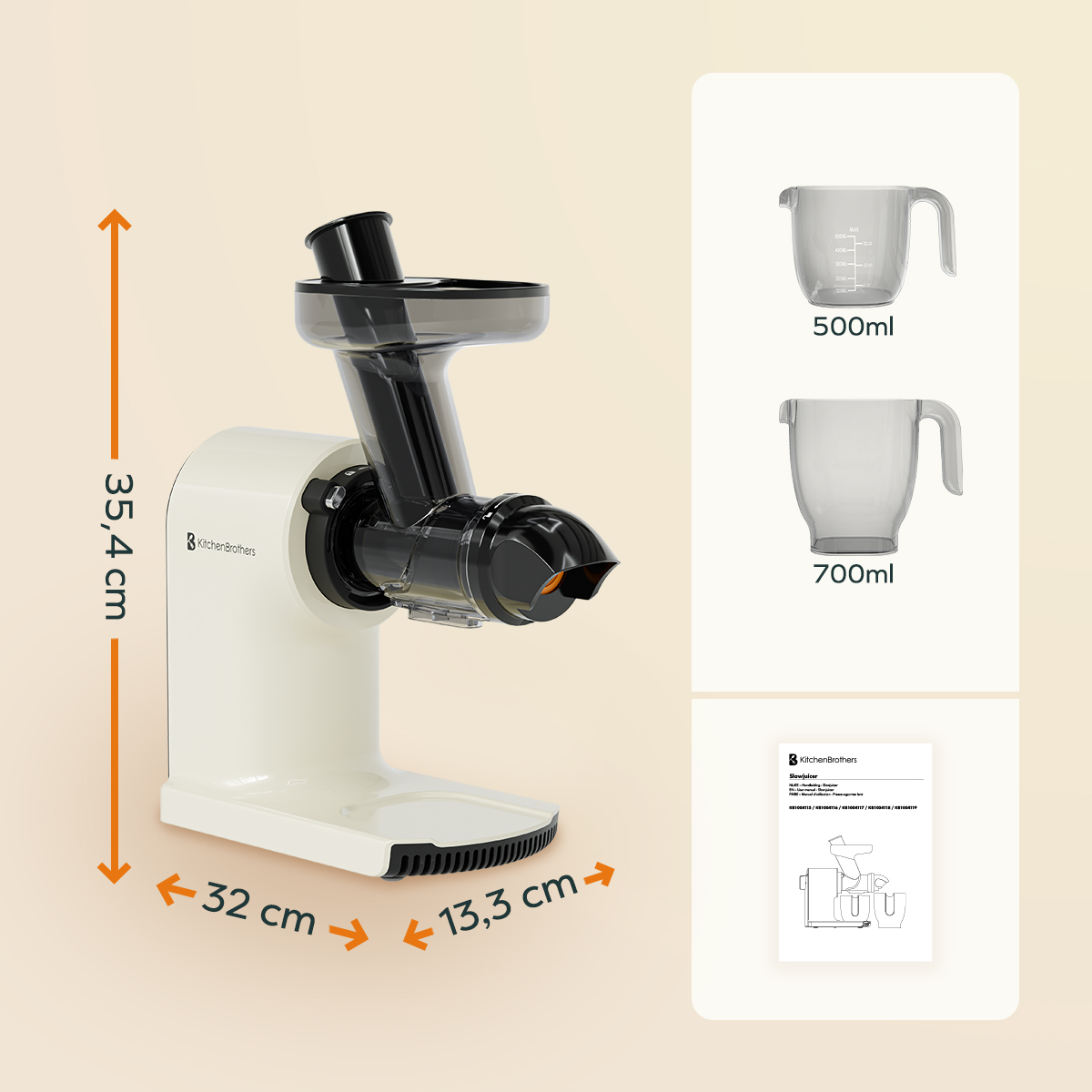 Cream juicer dimensions. 35.4cm high, 32cm wide, and 13.3cm deep. Pitchers and manual displayed.