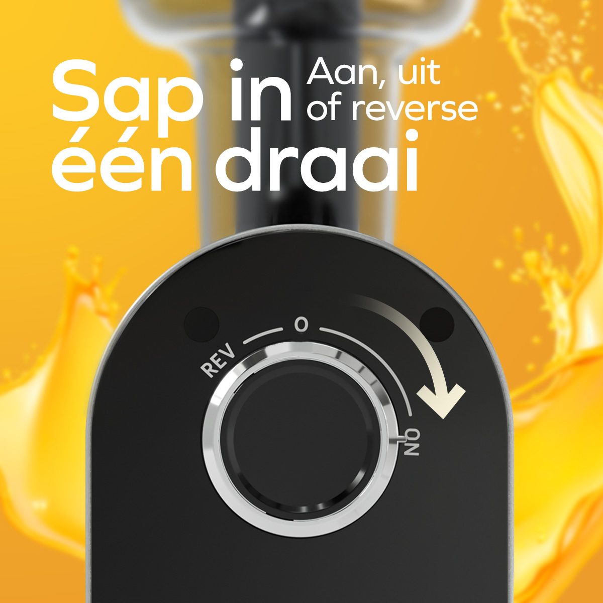 Juicer dial close-up. Shows the dial with 'ON' and 'REV' options. Juice is visible.