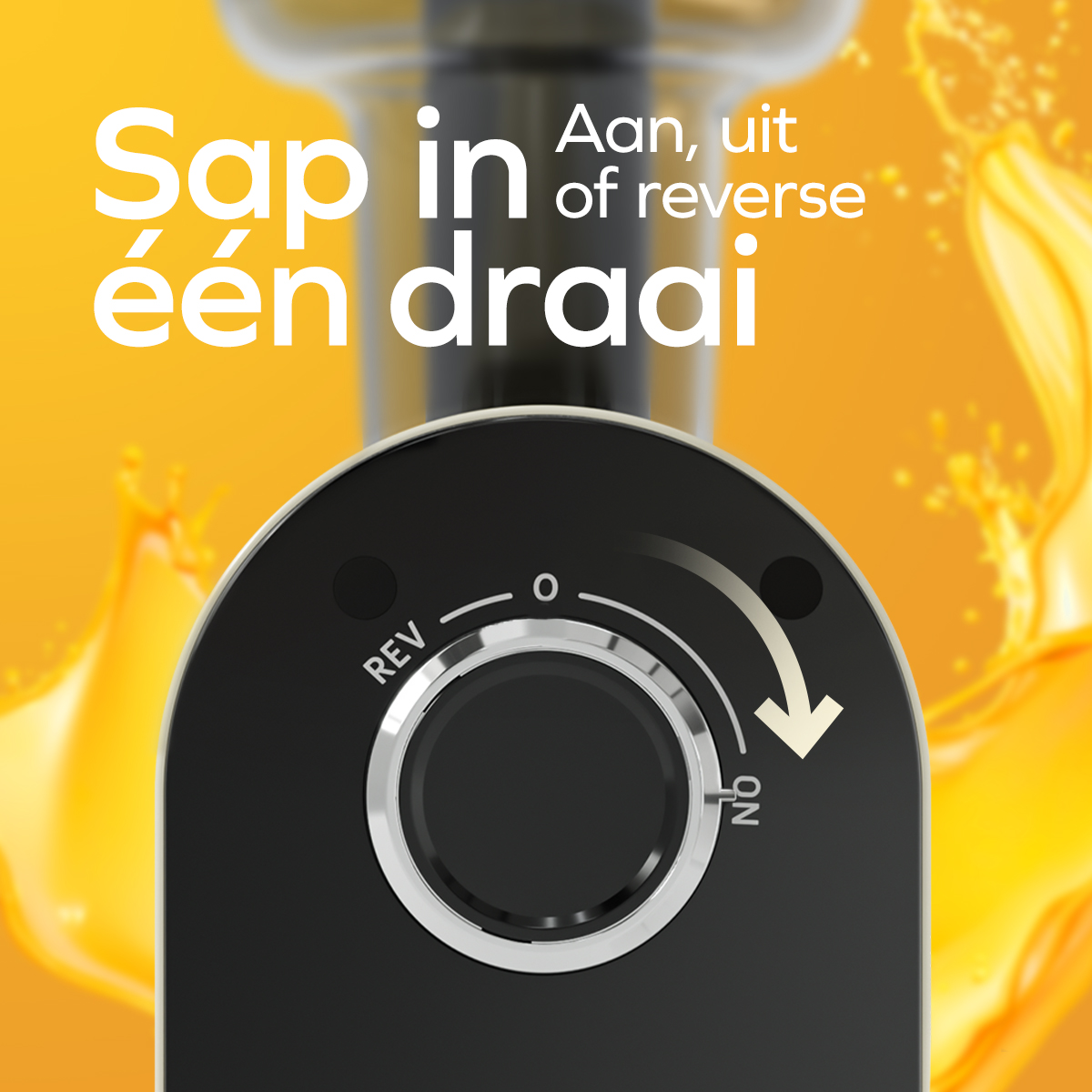 Juicer dial close-up. Shows the dial with 'ON' and 'REV' options. Juice is visible.