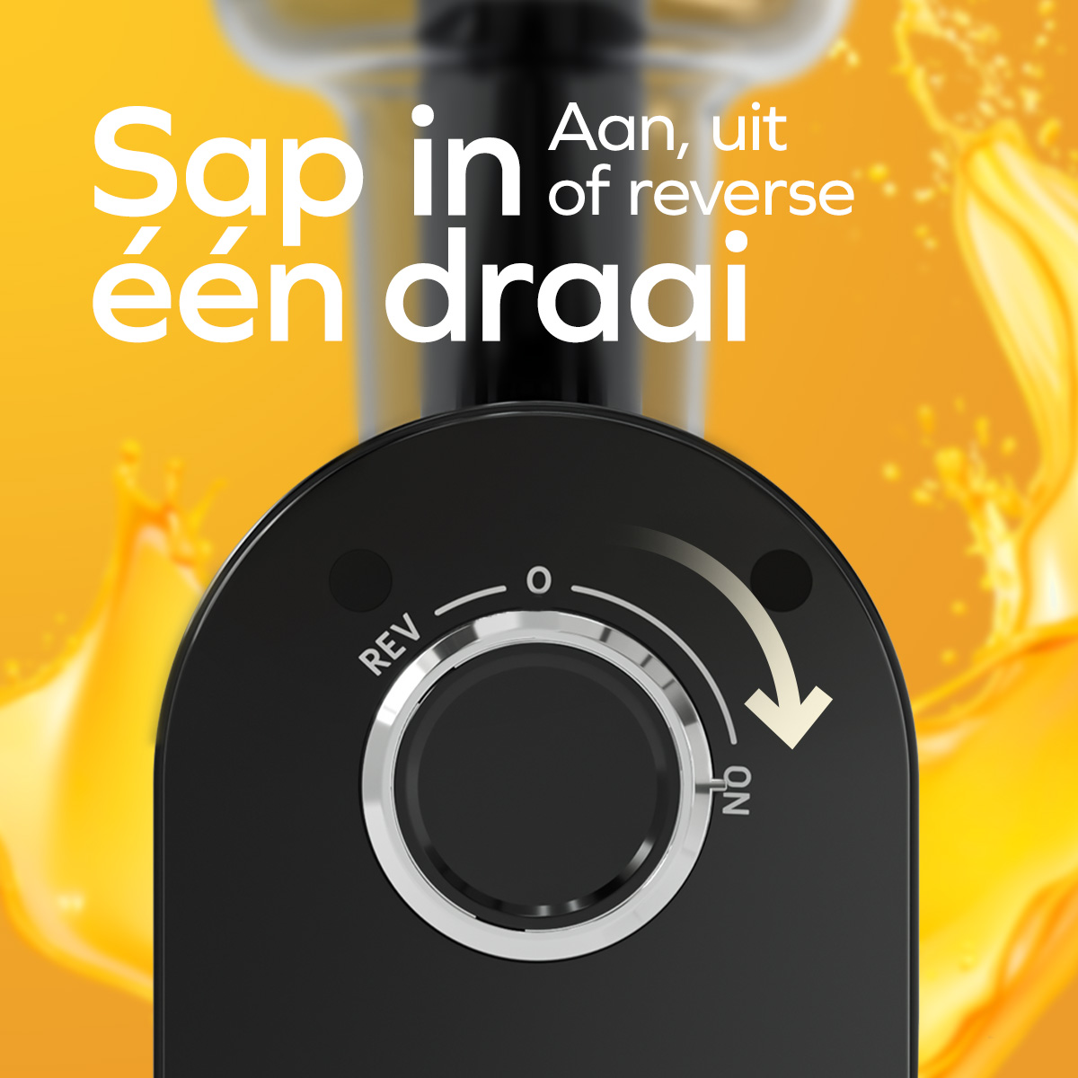 Black juicer knob with on/off/reverse, against an orange liquid background.