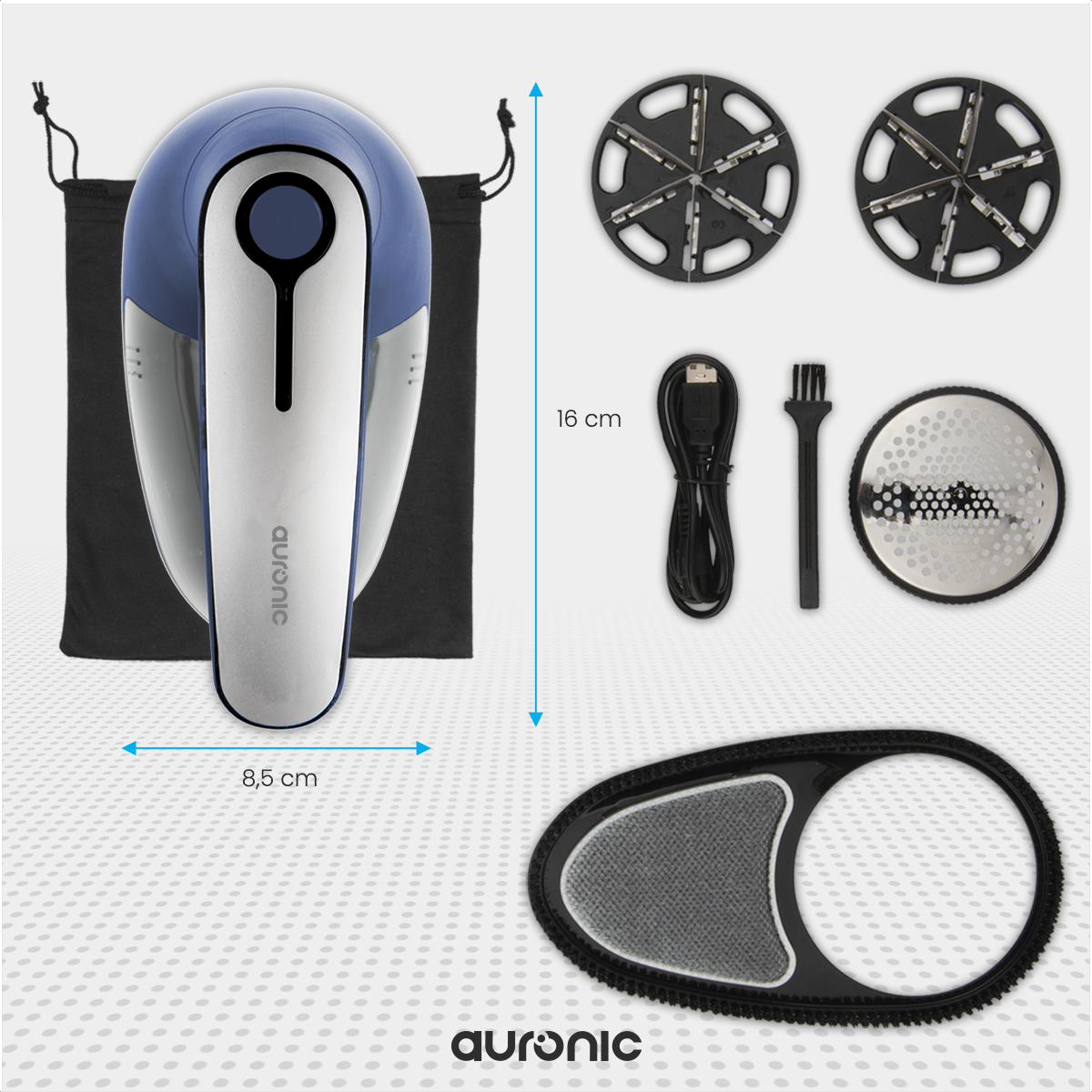 Rasoir électrique bleu et argenté avec accessoires. Comprend un sac noir et des outils de nettoyage.