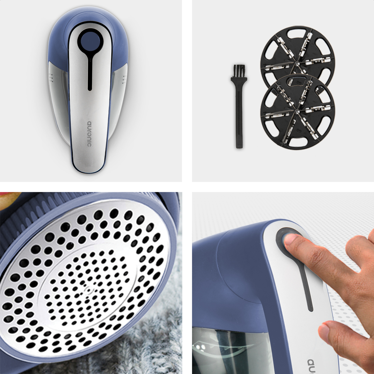 Rasoir à tissu. Vue de dessus, détail des lames, brosse de nettoyage et doigt appuyant sur le bouton.